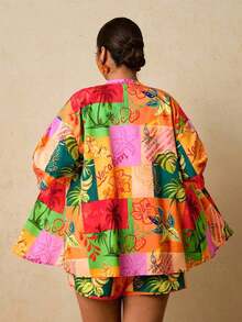 2 piezas Conjunto de talla grande Chaqueta de manga corta con estampado de leopardo, casual y de moda para uso diario - Multicolor - Ver 2
