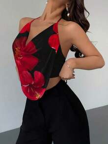 Top de cuello halter para fiesta sin espalda con fornteras drapeadas y diseño sólido - Negro - Ver 1