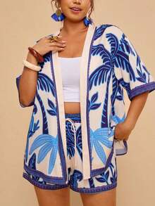 2 piezas Conjunto de talla grande Chaqueta de manga corta con estampado de leopardo, casual y de moda para uso diario - Azul y blanco - Ver 1