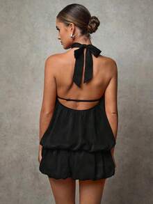 Vestido de fiesta/cóctel de color amarillo sólido para mujer, ideal para la temporada de primavera y verano, fiestas entre amigos, regreso a clases, cumpleaños, fiestas de club. Estilo halter con falda globo de satén recogida, espalda abierta y sexy, mini falda. Apto también para conciertos y vacaciones. - Negro - Ver 2