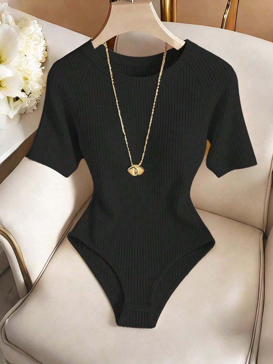 Body elegante y casual para mujer, body de manga corta y cuello redondo para uso diario - Negro - Ver 1