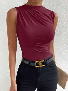 Blusa casual versátil con cuello alto y plisados para mujer - Burdeos - Ver 6