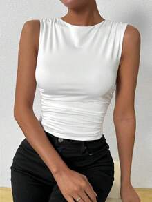 Camisola De Cuello Redondo Plisado Para Mujer - Blanco - Ver 6