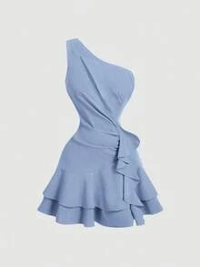 Vestido romántico y soñador en azul, con dobladillo asimétrico y ribete de volantes, apropiado para citas, fiestas, vacaciones, meriendas y ocasiones de cumpleaños - Celeste - Ver 1