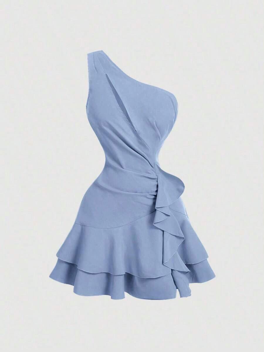 Vestido romántico y soñador en azul, con dobladillo asimétrico y ribete de volantes, apropiado para citas, fiestas, vacaciones, meriendas y ocasiones de cumpleaños - Celeste - Ver 1
