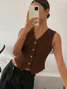 Chaleco vaquero casual con cuello en V para mujer - Marrón - Ver 2