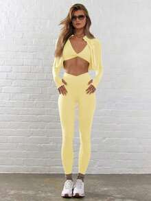 Sport Leggings ajustados de cintura contorneada y cruzada para actividades, pádel, tenis, pickleball, gimnasio, fitness, pilates y uso casual diario - Amarillo mantequilla - Ver 6