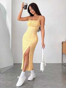 Nuevo vestido de punto con estampado de primavera/verano, tirantes de espagueti y abertura lateral para mujer.Vestido de verano sexy para vacaciones, vestido lavanda, conjunto de dos piezas lavanda, vestido floral lavanda, vestido floral mor - Amarillo - Ver 1