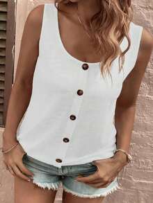 Camiseta sin Mangas Casual de Cuello Redondo con Diseño de Botones, Talla Grande, Verano - Caqui - Ver 7