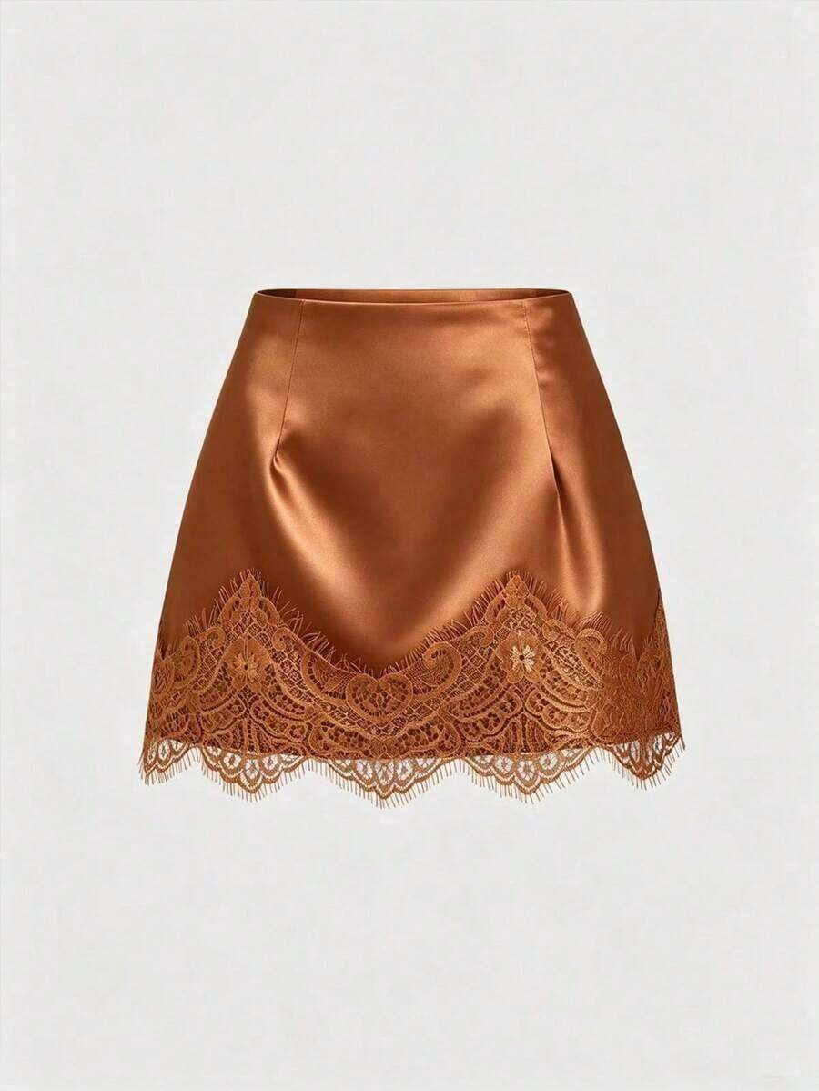 Falda casual de satén marrón con estampado floral retro francés elegante, nueva llegada chic de principios de primavera - Café integral - Ver 1