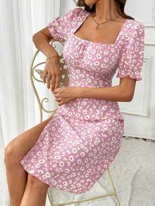 Vestido de manga corta con cuello cuadrado de estampado aleatorio para uso diario sencillo, atuendo de vacaciones y playa para mujeres - Rosa - Ver 3
