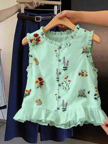 Nueva llegada de primavera/verano Blusa sin mangas con volantes de estampado floral francés dulce y único, elegante top de tirantes - verde menta - Ver 4