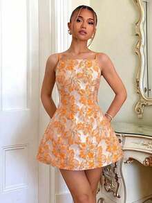 Vestido de mujer sin tirantes con decoración jacquard y floral 3D, vestido de té de lujo para banquetes y fiestas, vestido de princesa francés elegante con espalda descubierta y recortes, sexy y elegante para verano - Naranja - Ver 5