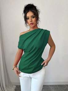Blusa de unicolor con cuello asimétrico y plisado a la moda para mujeres - Verde Oscuro - Ver 4