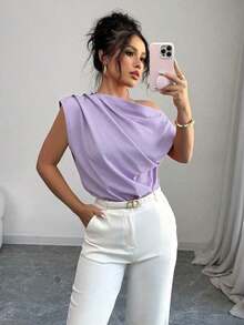 Blusa de unicolor con cuello asimétrico y plisado a la moda para mujeres - Púrpura malva - Ver 8