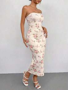 Vestido de tirantes ajustado con estampado floral ditsy en rosa de verano - Multicolor - Ver 5