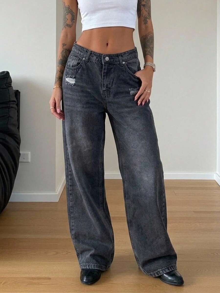 Casual Daily Wear Distressed Low Waist 90's Gray Denim Wide Leg Jean - Dark Wash - View 1
