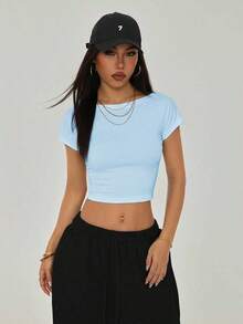 Camiseta negra con espalda abierta, adecuada para talla pequeña, para verano - Azul - Ver 2