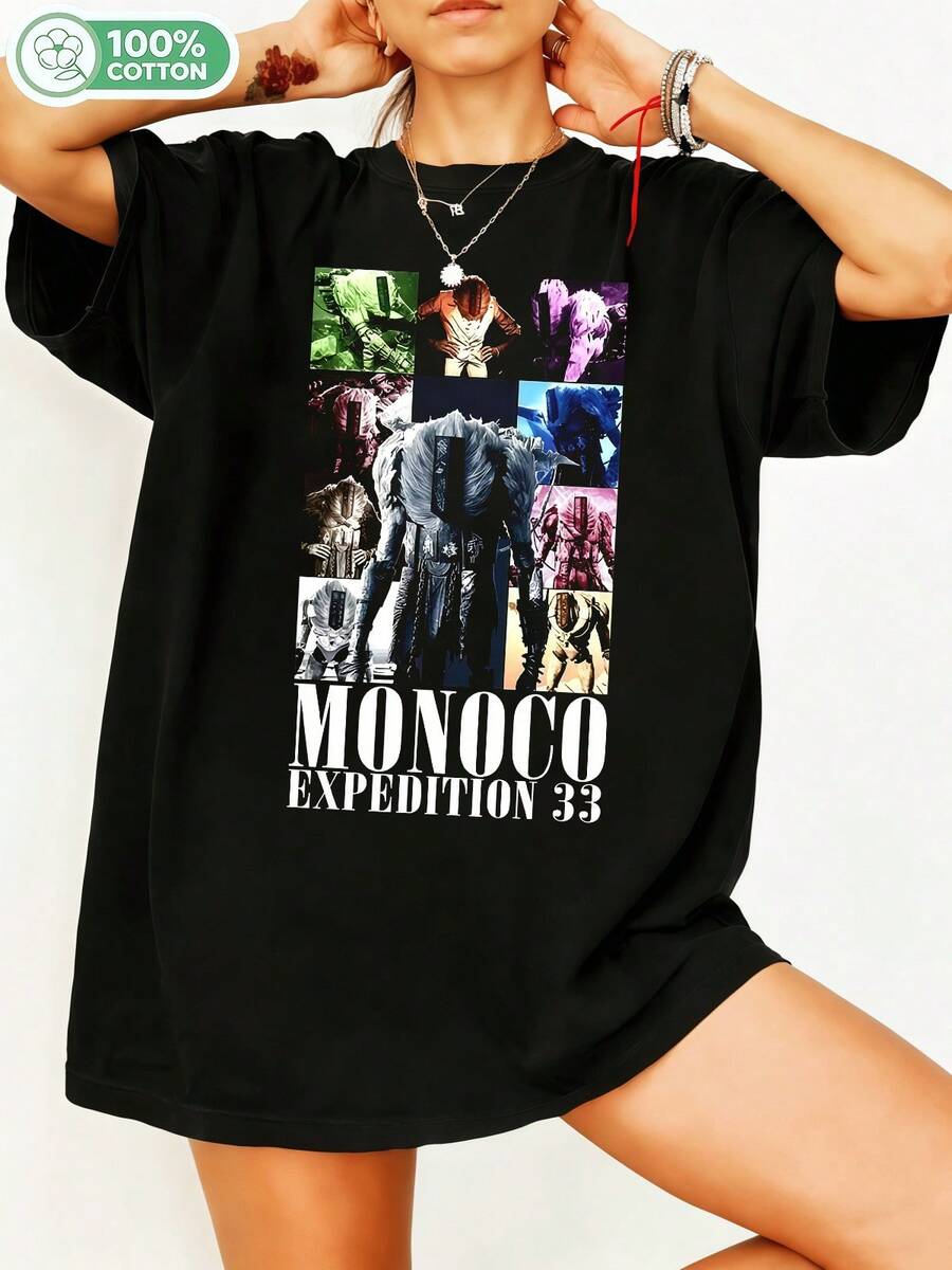 Monocoo Expeditions 333 Multicolored Collage T-Shirt With Dark Game Character Graphics, Casual Gamer Cotton T-Shirt For Fans. - Black - View 1