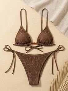 Top con cuello de halter y lazo, falda a juego y Bottom de bikini sexy en tela con estampado de hoja de arce en cuadrícula de color marrón claro - Marrón - Ver 7