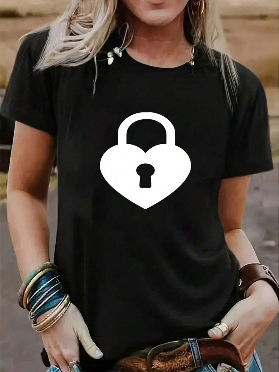 Women's T-Shirt Heart Block Print Spring Summer Casual Loose Round Neck Short Sleeve - 黑色 - 查看 1