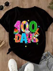 1 Piece "100 Days Of School" T-Shirt With Colorful And Bright Design For Children, Teachers And Students, Celebratory Gift, Wearable Art, Fun Educational Themed T-Shirt, 180g, 100% Cotton. - 黑色 - 查看 4