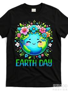 Women's "Save The Earth" T-Shirt With Crown Design For Earth Day, Unisex Short-Sleeved Printed Summer T-Shirt, Perfect For Everyday Wear And Gifts, Circus T-Shirt, Great For Vacation And Playtime, Excellent For Parties And Family Holiday Outfits, Summer Outfit, Warm Weather Clothing. - 黑色 - 查看 7