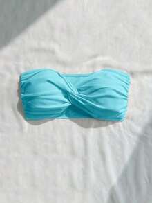 Top de bikini bandeau de un solo color con efecto retorcido - Celeste - Ver 5
