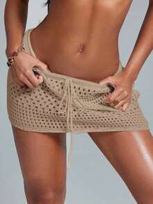 Swim Lushoire Falda pareo con dobladillo ondulado para la playa, con patrón geométrico perforado y floral - Caqui - Ver 4