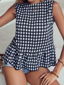 Blusa sin mangas con volante y dobladillo de mujer estilo peplum a cuadros - Blanco y Negro - Ver 8