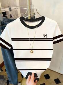 Camiseta de mujer de manga corta y cuello redondo a rayas, casual de verano - Multicolor 3 - Ver 3