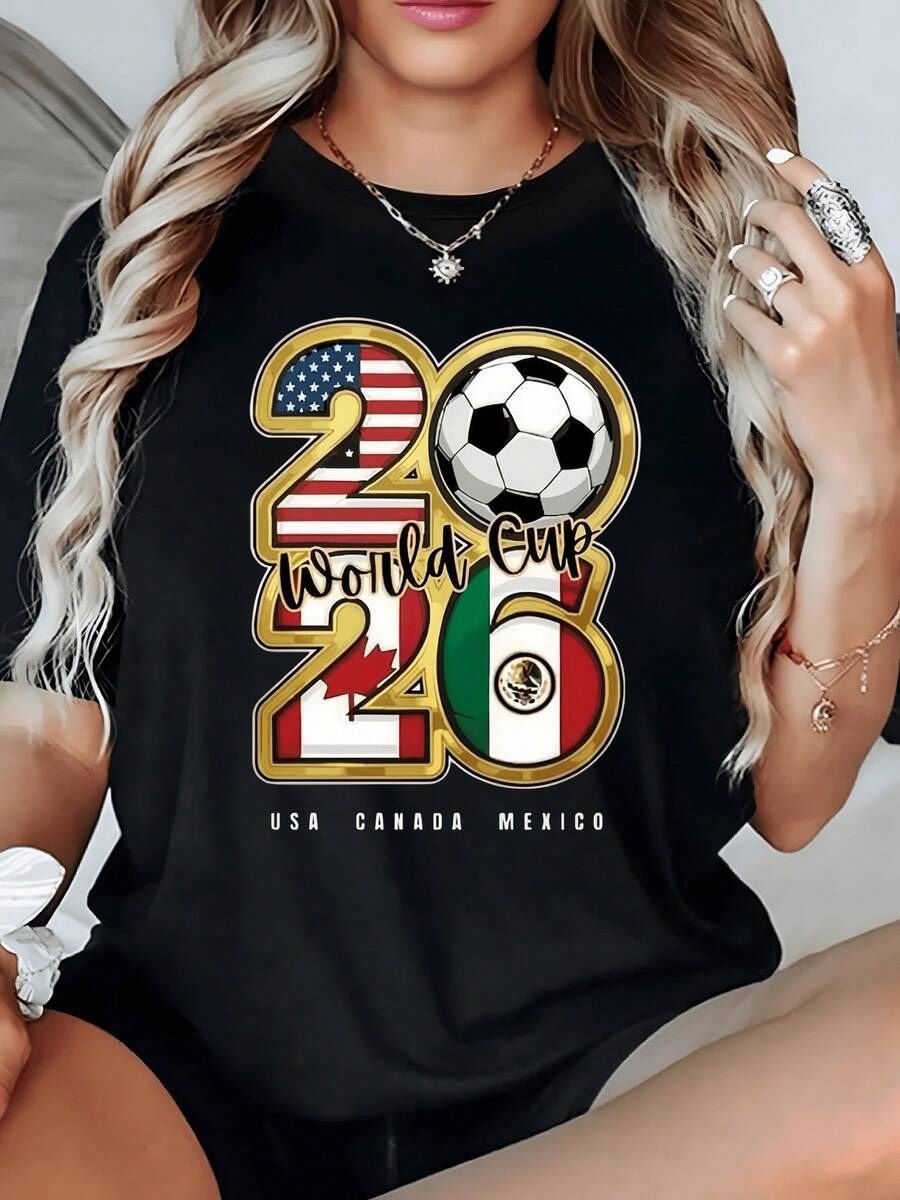 Symbols Of Sporting Unity With Numbers Decorated With Flags Of The United States, Canada, And Mexico Next To A Ball Celebrating The Football Spirit. Comfortable Casual Women's T-Shirt For Fans Of The 2026 World Cup. - 黑色 - 查看 1