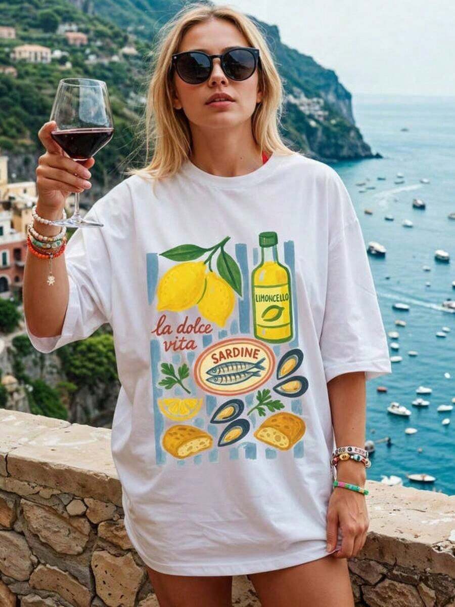 La Dolce Vita Print, Italian Summer Graphic Tee, Food Lover Tee, Limoncello Garden Fisherman Aesthetic, Italian Picnic, Women's Tee With Intense And Bright Colors, The First Choice For Summer, Urban Fashion, Casual Style. - 多色 1 - 查看 1