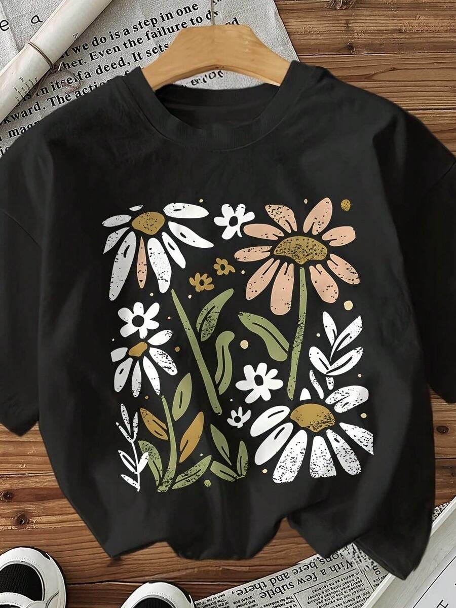 Women's Casual Short Sleeve Floral Print T-Shirt - Olive Green With White/Pink Daisies, Breathable Machine Washable Fabric, Comfortable Fit All Year Round, Nature Inspired Design, Not See-Through - 黑色 - 查看 1