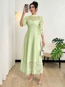 Vestido largo de manga larga con parches de bordado de ojal amarillo para mujeres - Verde - Ver 4