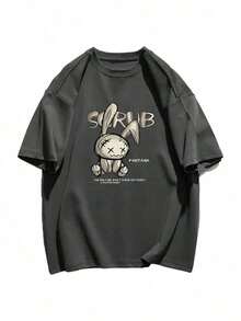Women's Short-Sleeved T-Shirt, Rabbit Print Design, Round Neck, Casual, Versatile, For Young Girls, Black Color, Spring/Summer. - Dark Grey - View 4