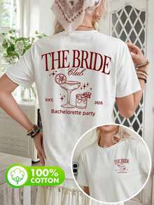 Women's 100% Cotton T-Shirts With Bride Club Print, Round Neck, Short Sleeve, Summer Casual, White - 白色 - 查看 8