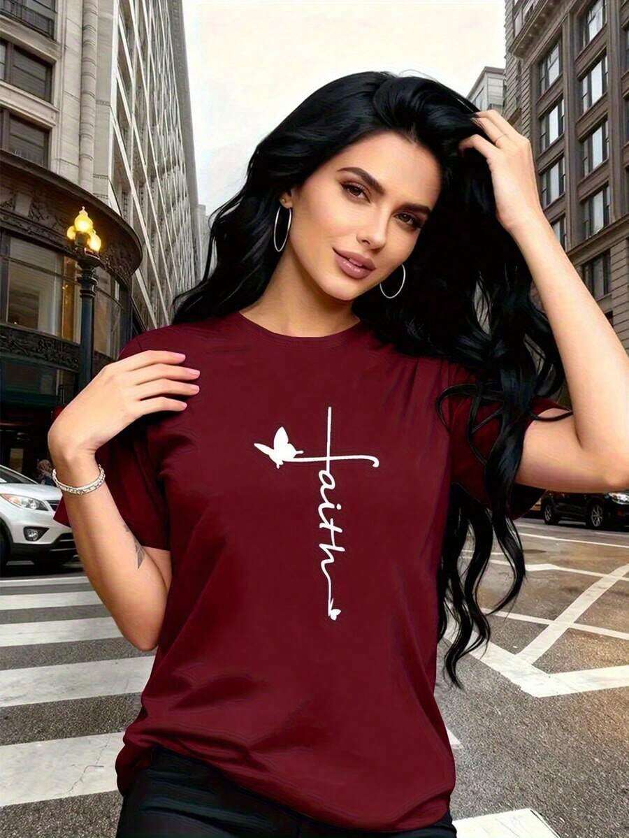 The "Faith" Design Incorporates Christian Cross And Butterfly Prints, Which Are Stylish And Fashionable. This Simple, Casual, And Versatile Women's Short-Sleeved T-Shirt With A Round Neck Is Suitable For Leisure, Travel, Vacations, And Other Activities. Made From Pure Summer Cotton. - 紅色 - 查看 1
