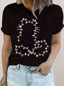 100% Cotton Women's Plus Size Casual T-Shirt, Printed, Round Neck, Short Sleeve, Slightly Stretchy Fabric, Regular Fit, Comfortable For All Seasons, Women's Clothing - 黑色 - 查看 7