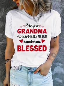 100% cotton Playera estampada de abuela bendecida, camiseta de manga corta cuello redondo casual para el Día de la Madre, top de ropa de mujer para primavera y verano - Blanco - Ver 6