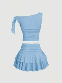 Conjunto de top de tirantes y minifalda plisada y con decoración de flores metálicas para mujer, ideal para el verano - Azul - Ver 4