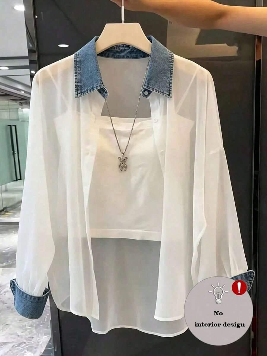 Camisa de efecto de mezclilla de parchwork casual para mujer, otoño/invierno - Blanco 4 - Ver 1