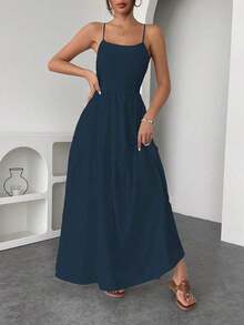 Vestido corto de mujer, simple, de moda, casual, diario - Azul marino - Ver 2