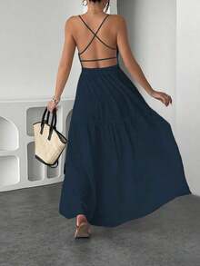 Vestido corto de mujer, simple, de moda, casual, diario - Azul marino - Ver 3