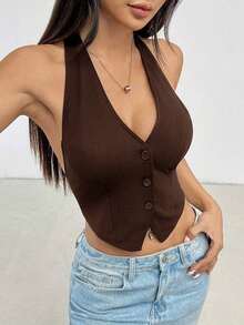 Top sin mangas de verano de color liso con escote en la espalda y cuello colgante para damas - Café integral - Ver 1