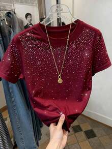 Camiseta de mujer de manga corta y cuello redondo con bordado de lentejuelas en forma de lazo, 56% algodón, estilo minimalista de moda, regalo para amigos - Burdeos - Ver 4