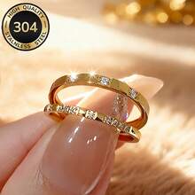 Bộ 2 nhẫn nữ mạ vàng 18K, chất liệu thép không gỉ 304, đính đá Cubic Zirconia sáng bóng, chống oxy hóa, không gây dị ứng, thiết kế tinh tế, thích hợp làm quà tặng trang sức và đeo hàng ngày. - Vàng - Xem 1