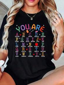 100% Cotton Women's Cotton T-Shirt With The Phrase "You Are Letters Alphabet Learn ABCs Inspiration Teacher Life", Cute T-Shirts For Women - 黑色 - 查看 1