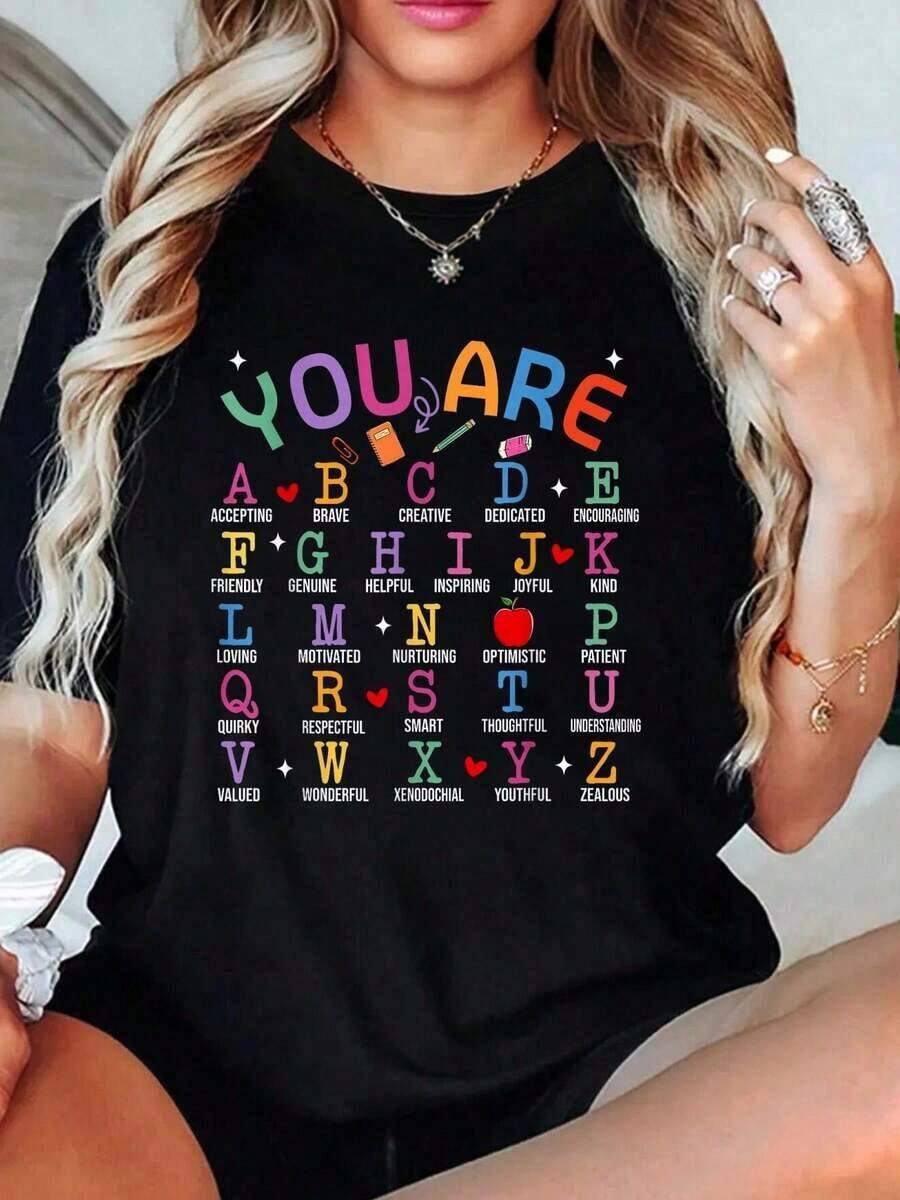 100% Cotton Women's Cotton T-Shirt With The Phrase "You Are Letters Alphabet Learn ABCs Inspiration Teacher Life", Cute T-Shirts For Women - 黑色 - 查看 1