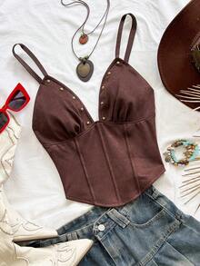 Camiseta sin mangas de punto rojo con escote en V y espalda cruzada, adecuada para citas, estilo bohemio, vacaciones, otoño, ropa de mujer, vintage, días festivos - Marrón 3 - Ver 3